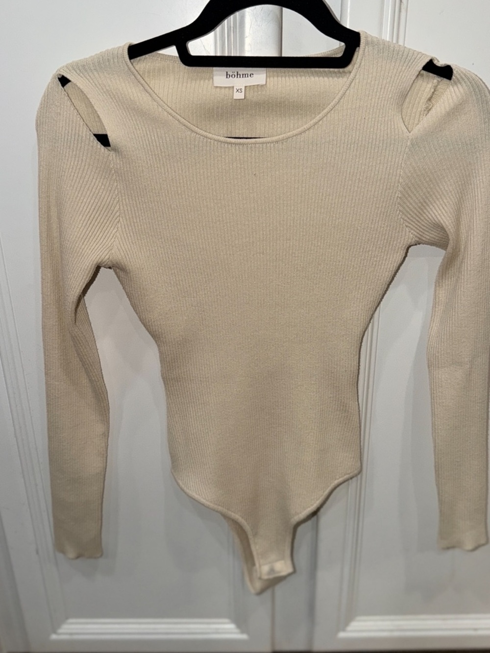 bohme Ivory Ribbed Long-Sleeve Cutout Shoulder Bodysuit